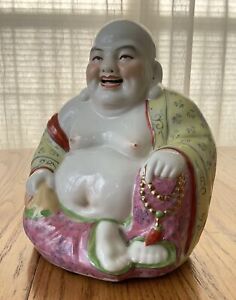 Vintage Chinese Porcelain Famille Rose Happy Buddha Statue Figurine 8 5 4 Lbs