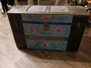 Antique 19th Century Dome Top Painted Tin Steamer Trunk Humpback Smaller Model