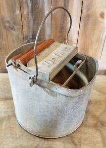 Vintage Wash Bucket Galvanized Metal Mop Wringer Wood Rollers De Luxe Steampunk