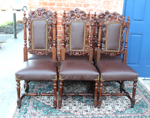 Set Of 6 French Antique Louis Xvi Oak Upholstered Ostrich Vinyl Dining Chairs