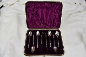 Antique William Hutton Son Apostle Silver Spoons Tea Sugar Tongs Box Set Of 7