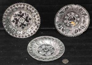 Lot Of 3 Antique Pressed Glass Dishes Sandwich Harp Peacock Eye Lacy Leaf