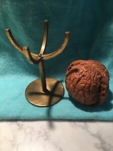 Vintage Chinese Carved Buddhas On Lacquered Walnut Shell With Brass Stand