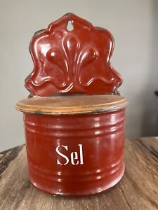 Antique Enamelware Salt Box Sel French Country Vintage Original