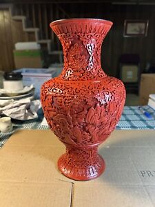 Antique Chinese Cinnabar Lacquer Vase Hand Carved Wise Men