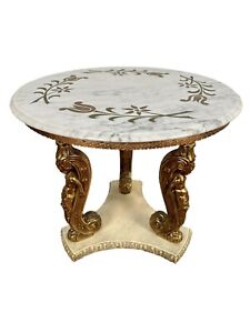 Italian Hollywood Regency Marble Top Side Table W Brass Accents
