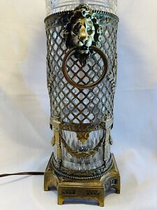 Antique Brass And Brilliant Cut Glass Lamp With Lion Head Knocker Style