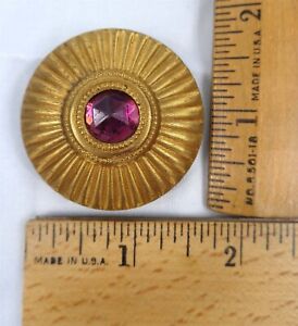 Gay 90s Victorian Button 1 1800s Embossed Brass W Purple Jewel Large