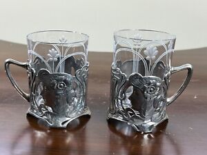 Pair Wmf Silver Plate Art Nouveau Toddy Glasses W Maiden Head Original Glass