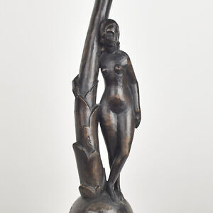 Expressionist Carved Wood Nude Woman Sculpture Lamp Base Art Deco Bauhaus