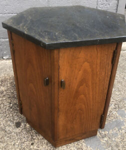 Vintage Slate Top Wood Hexagon End Table Mid Century Modern Mcm Walnut Drum
