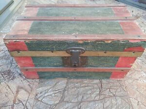 Antique Country Wood Metal Doll Toy Trunk With Tray Painted Wallpapered