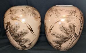 Pair Antique Chinese Gilt Bird Monochrome Vase Jars Calligraphy Symbols 10 