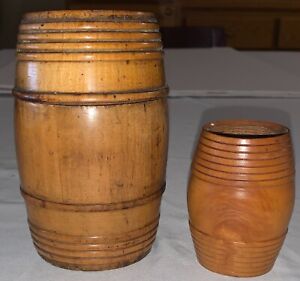 2 Vtg Treenware Wooden Barrel Trinket Box Spice Jars Hand Turned Lathe Ribbed