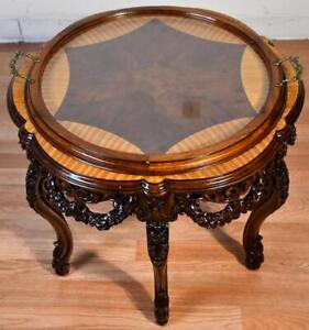 1920 Antique French Louis Xv Walnut Satinwood Coffee Table With Glass Tray Top