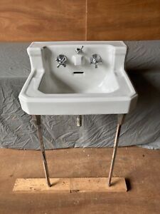 Vtg Mid Century White Porcelain Bath Sink Chrome Legs Old Vtg Standard 509 23e