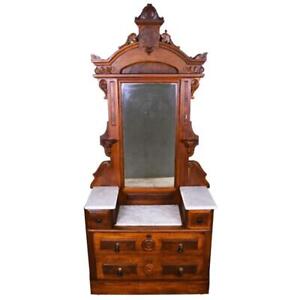 Antique Victorian Marble Top Burl Walnut Drop Center Dresser 21769