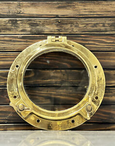 Old Industrial Reclaimed Brass Original Vintage Round Ship Porthole With 2 Dogs