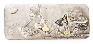 Antique Japanese Kanamono Tobacco Pouch Clasp Hotei In Boat Mixed Metal Menuki