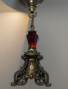 Vintage Hollywood Regency Handmade Ruby Glass Brass Pendant Light Pierced Shade
