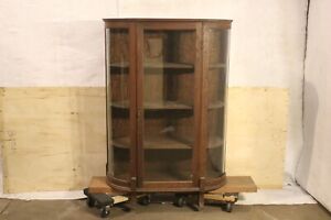 Antique Oak Rounded Curio Display Cabinet Original Hardware And Wooden Shelving