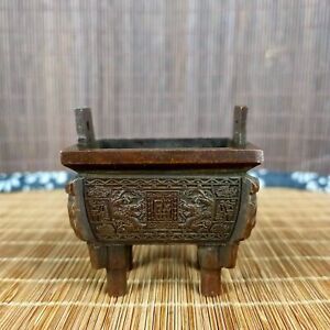 Chinese Antique Copper Double Dragon Sheng Ding Line Incense Burner