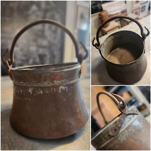 Antique Primitive French Early 1800 Copper Pot Cauldron Kettle Crude Hand Forged