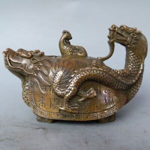 Rare Oriental Copper Signed Carved Dragon Teapot Statues