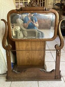 Antique Tiger Oak Beveled Mirror Only W Towel Bar For Dry Sink Washstand