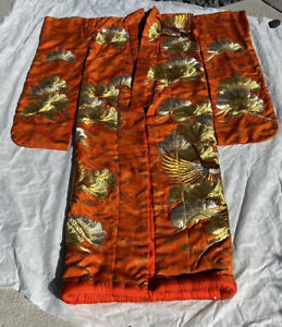 Antique Japanese Wedding Kimono Uchikake Orange Silk Embroidered Gold Cranes 
