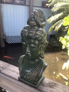 Vintage Early Mid 1900 S Large Life Size Green Glaze Porcelain Buddha Head Bust