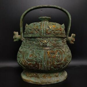 10 Chinese Bronze Ware Beast Inlay Gold Wine Vessel Zun Crock Tank Pot
