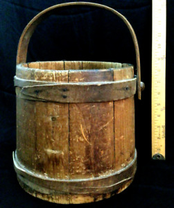 Primitive Wood Firkin Sugar Bucket Vtg 19th Century Pail Oak Bentwood Handle 14 