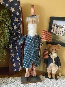 New Early American Colonial Primitive Patriotic Americana Uncle Sam Doll W Flag