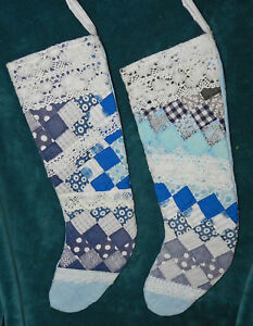 Adorable Pair Of Antique Vintage Cutter Quilt Christmas Stockings Blue White 