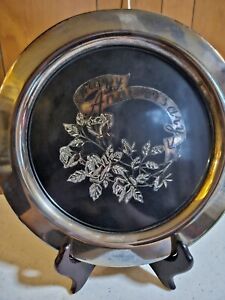 Vintage Oneida Co 10 Round Inlay Happy Anniversary Silver Plate Tray