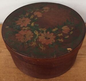 Vintage Antique Primitive Shaker Floral Handpainted Round Wood Pantry Box 7 5 