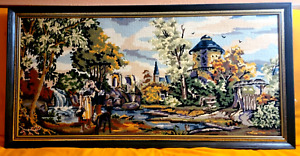 Large Antique French Countryside Tapestry Needlepoint Framed 47 X 23 Beautiful