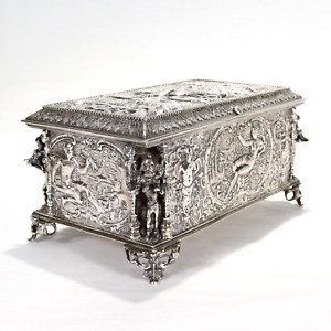 Antique German Figural Renaissance Revival Solid Silver Table Box Or Casket