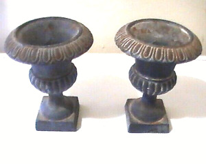 Antique Pair 2 French Victorian Cast Iron Urn Small Miniature 5 Great Patina