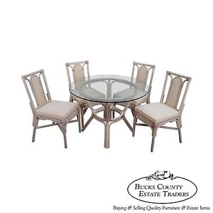 Rattan Bamboo Round Glass Top Dining Table 4 Chair Set