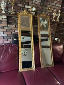 Pair Of Tall Narrow Louis Xvi Style Trumeau Wall Mirror Gold Gilt Wood Antique