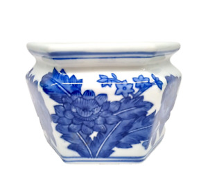 Chinese Flower Pot Porcelain Blue White Floral Jardiniere Half Hexagon Vintage