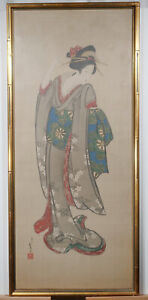 19th C Geisha Hand Signed Framed Japanese Ink Watercolor Painting On Paper