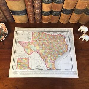 Large Original 1898 Antique Map Texas Austin Houston Plano Irving Laredo Lubbock