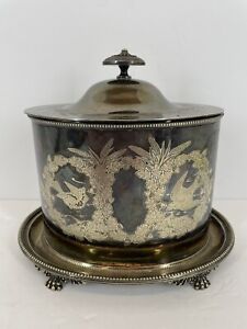 Antique Cookie Tea Biscuit Box Barrel Vintage Silver Plate Bird Wreath Pattern