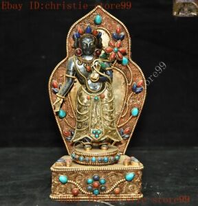 Tibet Bronze Filigree Inlay Turquoise Lapis Lazuli Buddha Kwan Yin Guanyin Statu