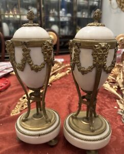 Pair 19th Century French Louis Xvi Marble Bronze Cassolettes Urn Candle Sticks