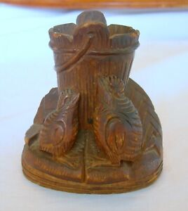 Antique Hand Carved Walnut Wood Black Forest Bird Bucket Toothpick Holder