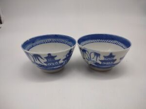2 Antique China Chinese Canton Blue White Cups W Landscape Decor Ca 19th C 